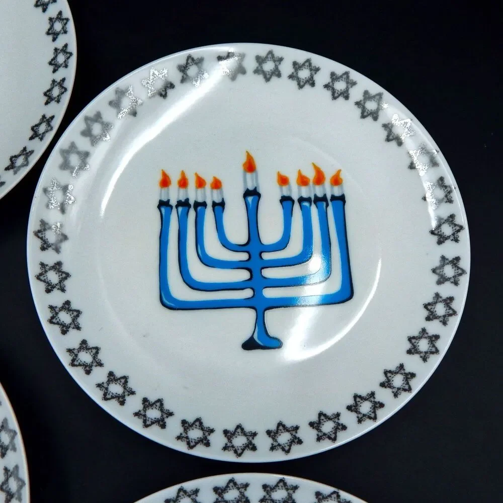Pier 1 One Imports Hanukkah Menorah Salad Dessert Plates Star of David S/4 Dish